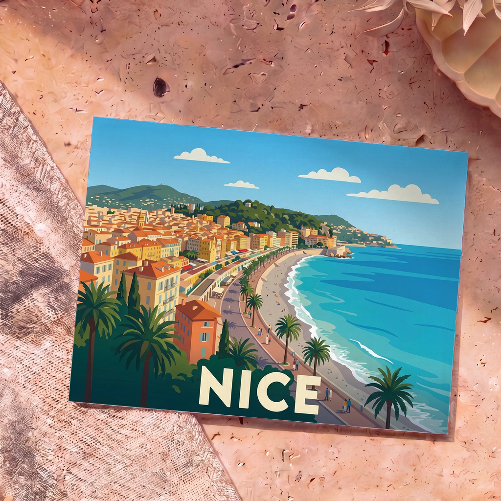Carte postale souvenir de la ville de Nice avec une illustration stylisée de la Promenade des Anglais et de la mer.