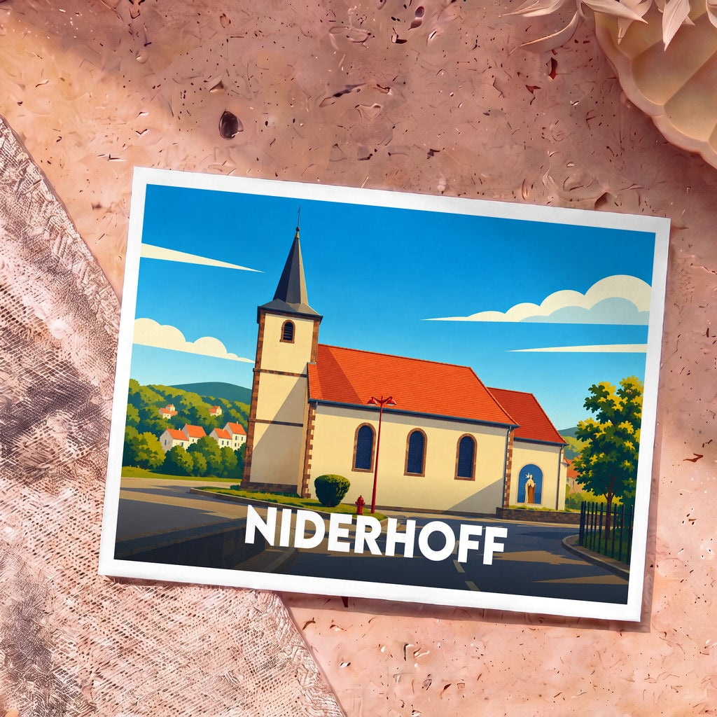 Carte postale souvenir de la ville de Niderhoff avec une illustration stylisée de son église.