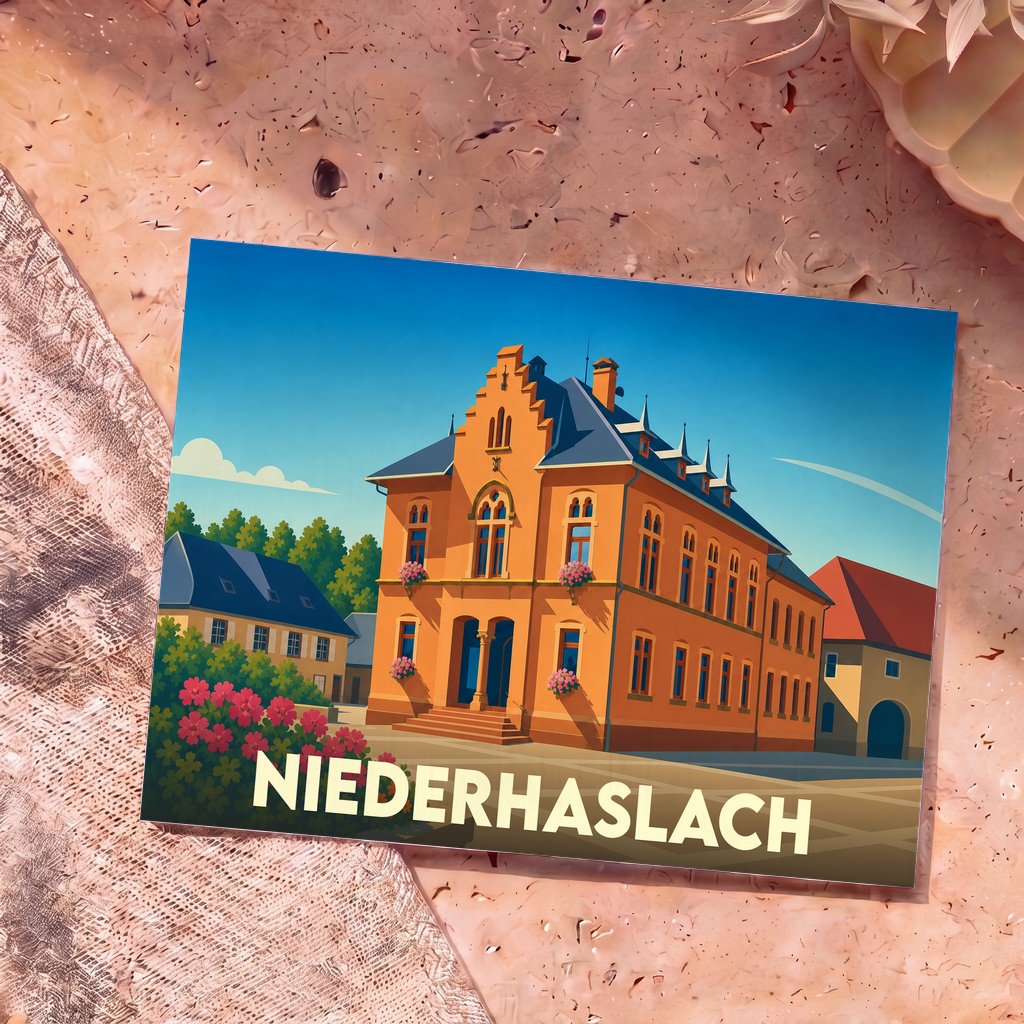 Carte postale souvenir de la ville de Niederhaslach présentant une illustration stylisée et colorée de son architecture.