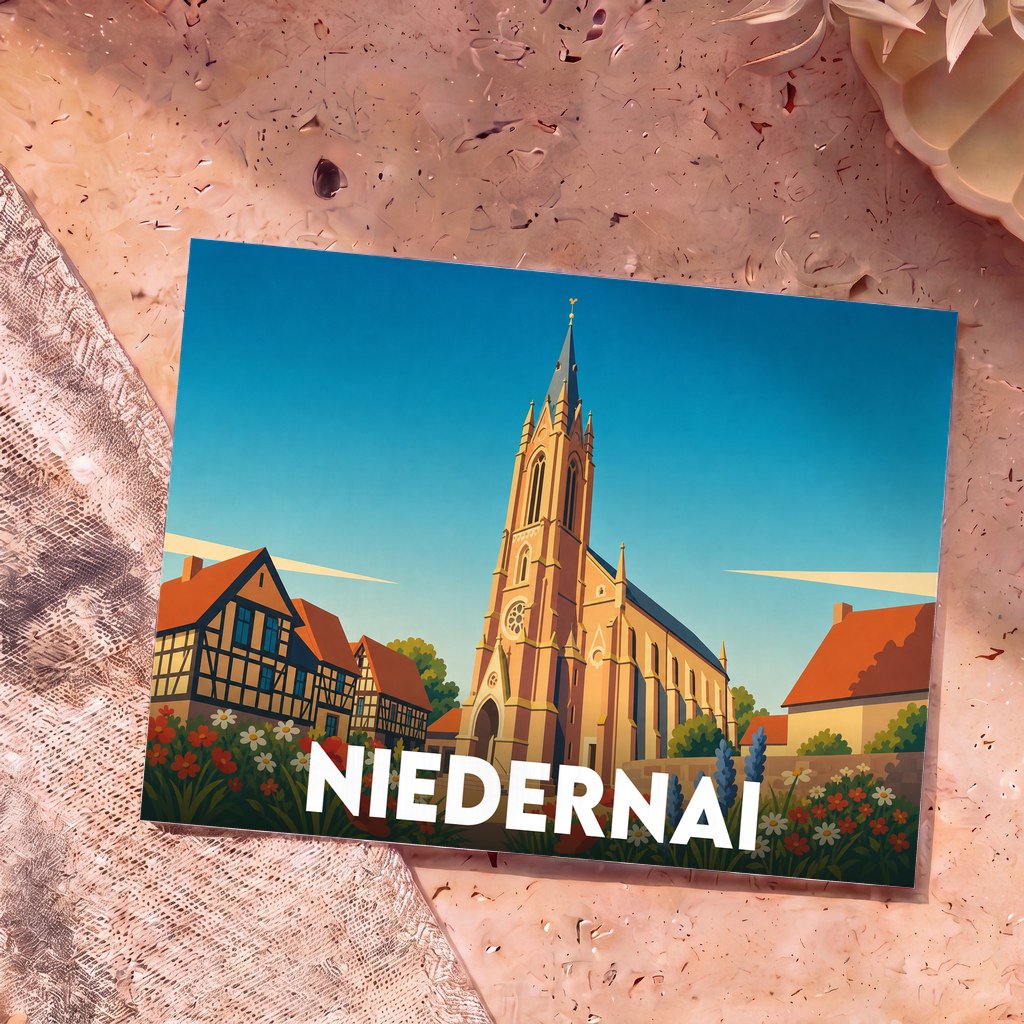 Carte postale souvenir de la ville de Niedernai arborant une illustration stylisée de son église et de maisons à colombages.