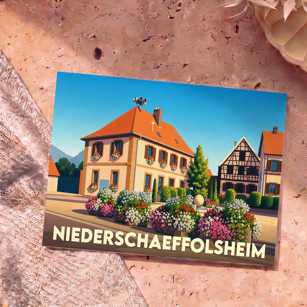 Carte postale souvenir de la ville de Niederschaeffolsheim avec une illustration stylisée et colorée.