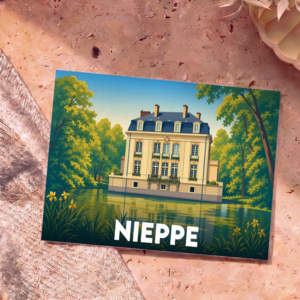 Carte postale souvenir de la ville de Nieppe illustrant son château au bord de l'eau dans un style graphique épuré.
