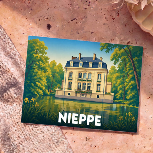 Carte postale souvenir de la ville de Nieppe illustrant son château au bord de l'eau dans un style graphique épuré.