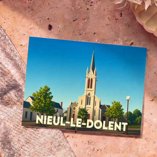 Carte postale souvenir de la ville de Nieul-le-Dolent avec une illustration stylisée de son église.