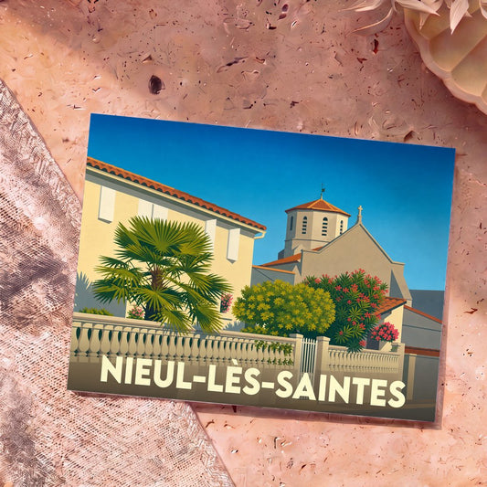 Carte postale souvenir de la ville de Nieul-lès-Saintes avec une illustration stylisée.