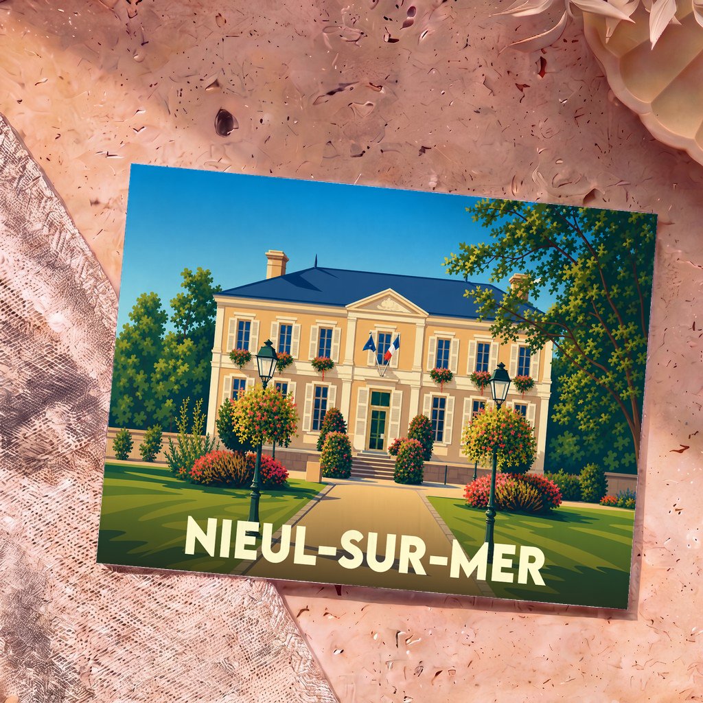 Carte postale souvenir de la ville de Nieul-sur-Mer avec une illustration stylisée de sa mairie.