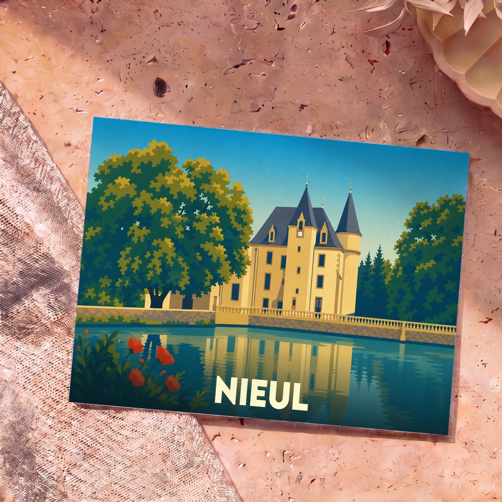 Carte postale souvenir de la ville de Nieul avec une illustration stylisée d'un château se reflétant dans l'eau.