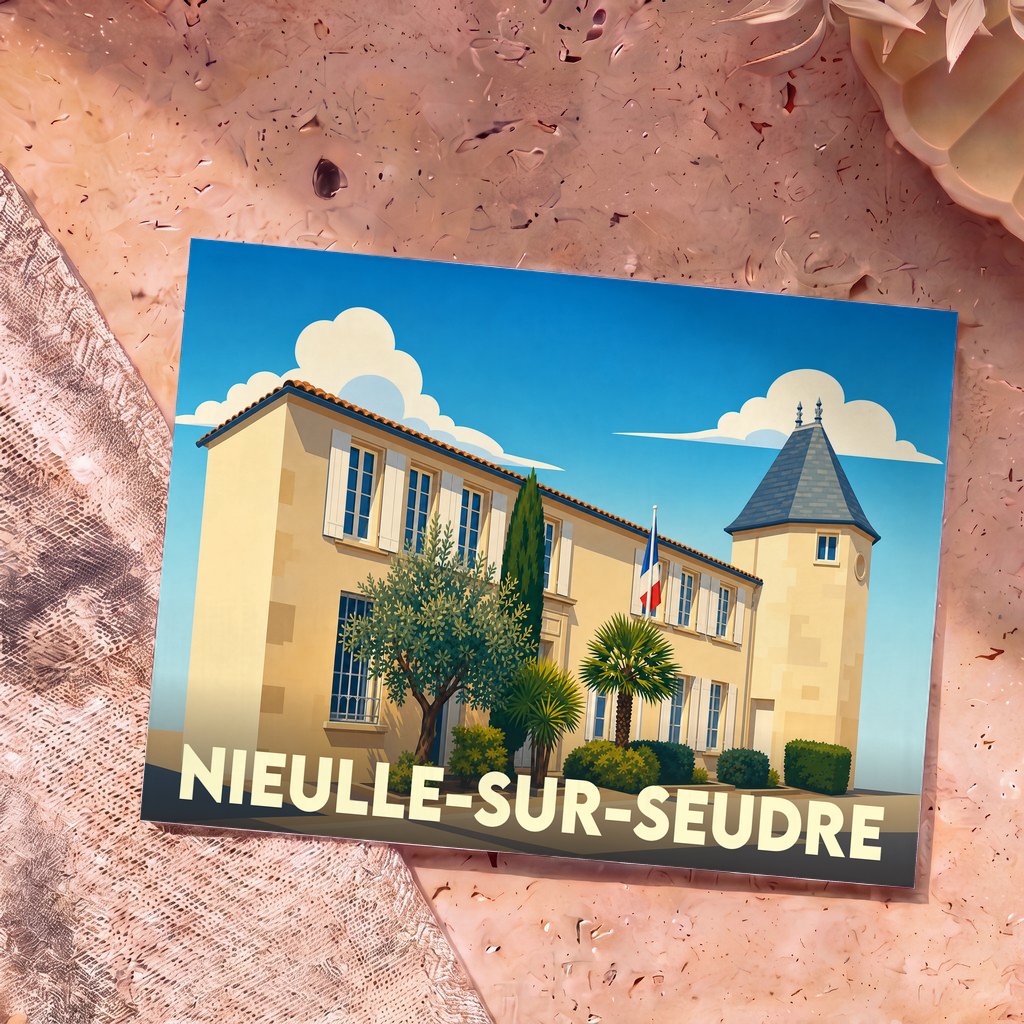 Carte postale souvenir de Nieulle-sur-Seudre illustrant la mairie dans un style graphique et coloré.