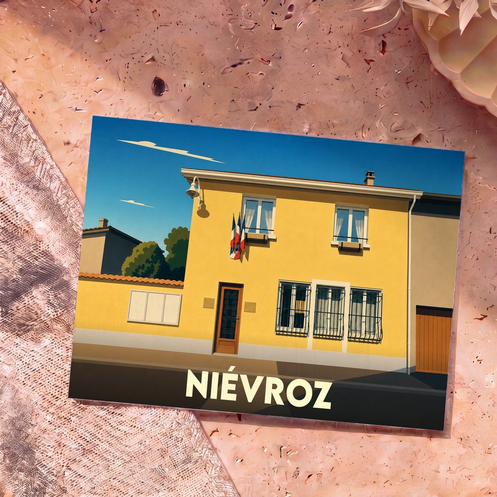 Carte postale souvenir de la ville de Niévroz illustrant la mairie avec un style graphique épuré.
