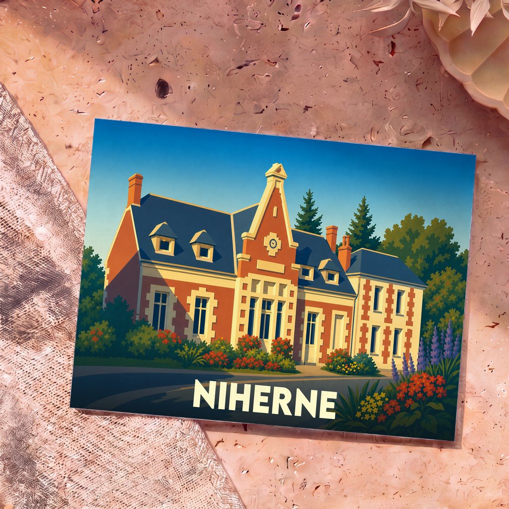 Carte postale souvenir de la ville de Niherne avec une illustration stylisée d'un bâtiment remarquable.