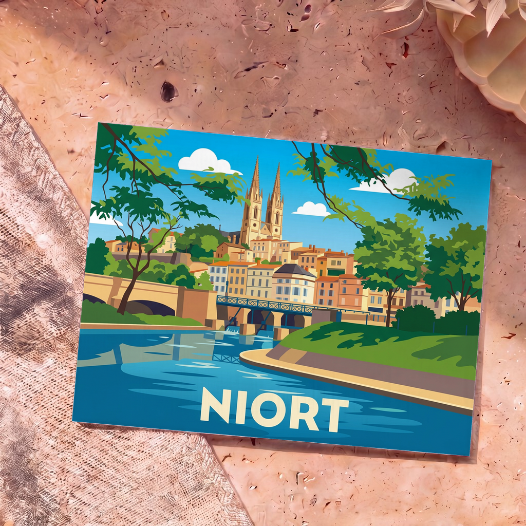 Carte postale souvenir de la ville de Niort avec une illustration stylisée des bords de la Sèvre et de l'église Saint-André.