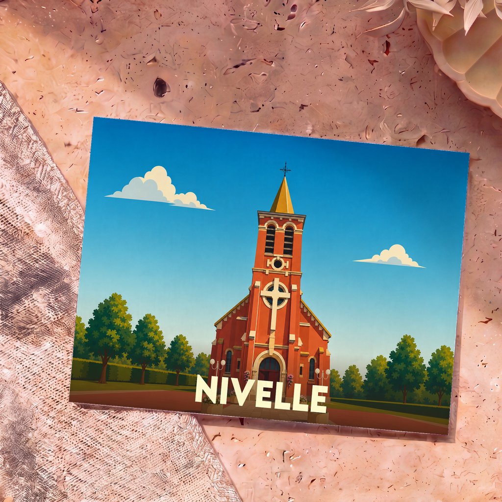 Carte postale souvenir de la ville de Nivelle illustrant son église dans un style graphique et coloré.