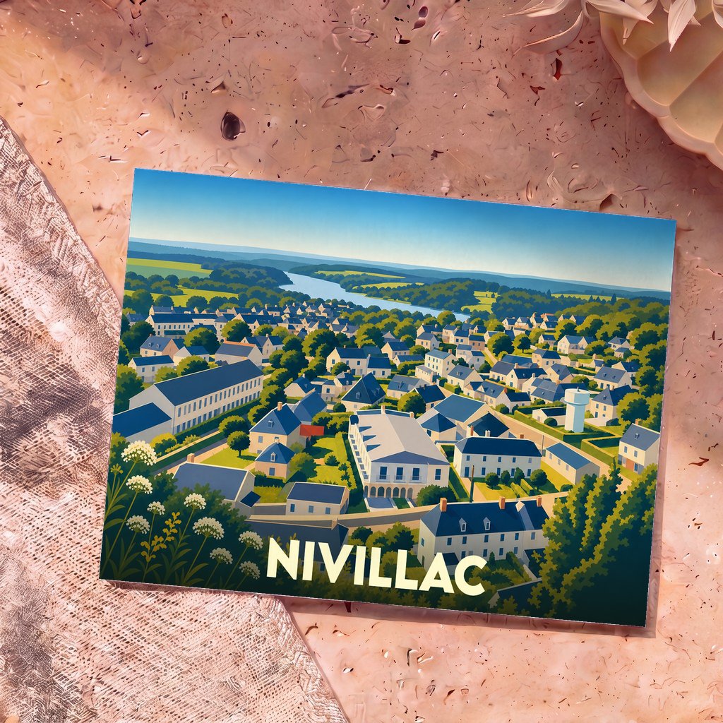 Carte postale souvenir de la ville de Nivillac avec une illustration stylisée et colorée.