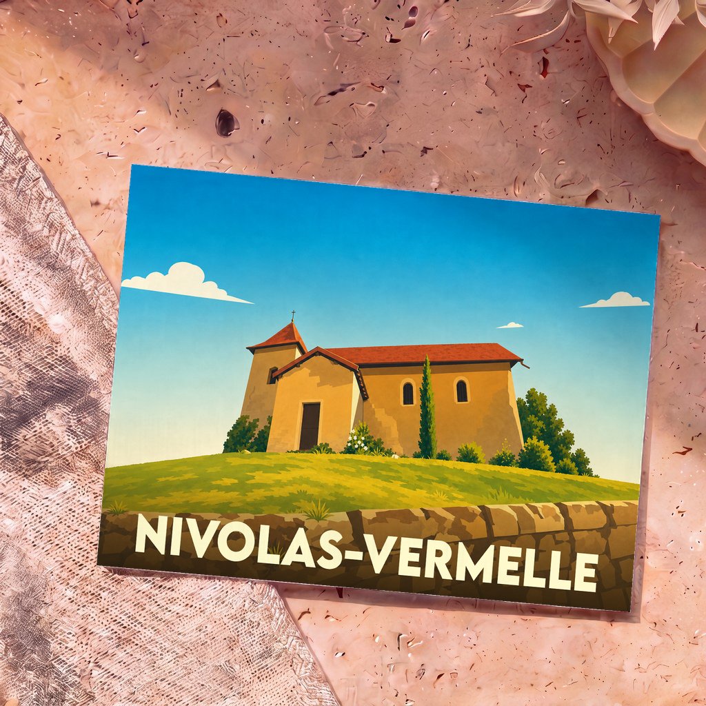 Carte postale souvenir de la ville de Nivolas-Vermelle illustrant son église dans un style graphique et épuré.