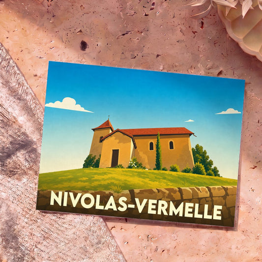 Carte postale souvenir de la ville de Nivolas-Vermelle illustrant son église dans un style graphique et épuré.