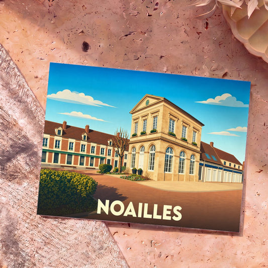 Carte postale souvenir de la ville de Noailles avec une illustration stylisée d'un bâtiment historique.