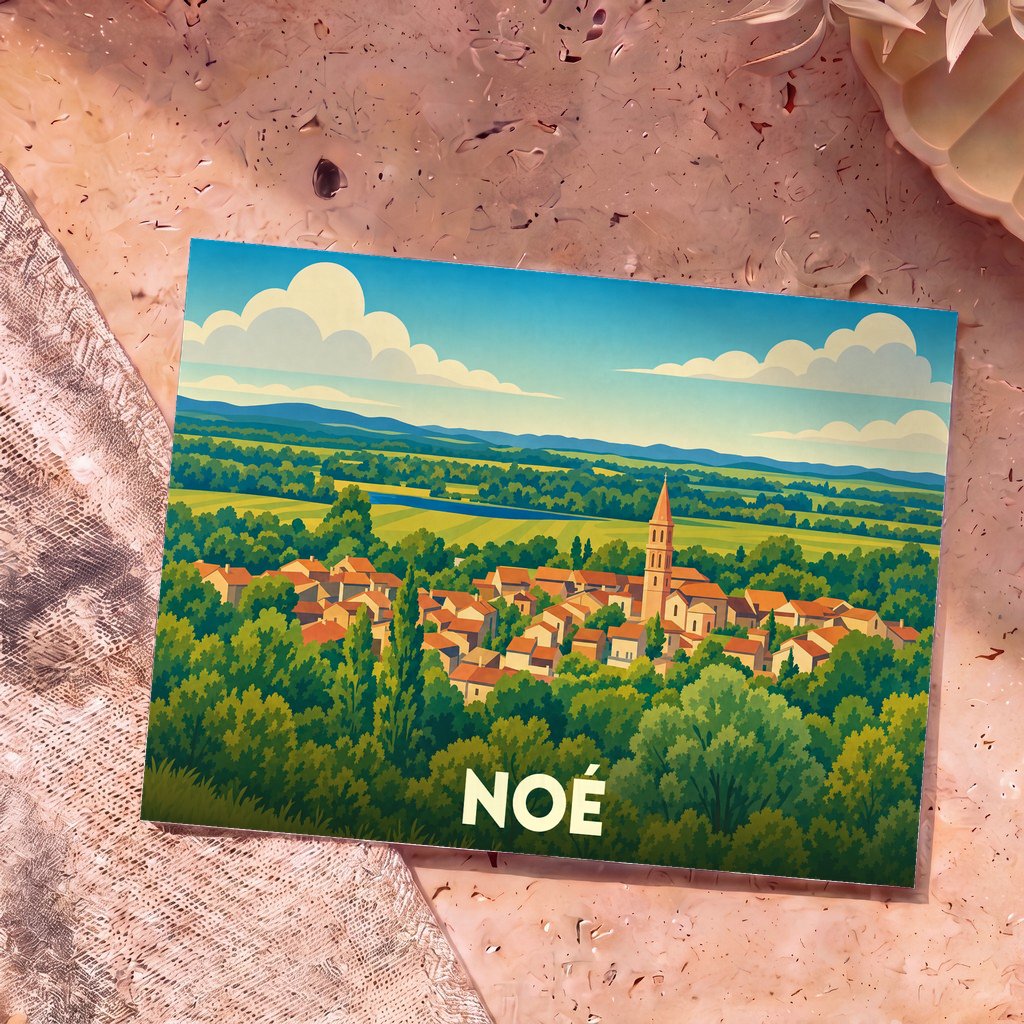 Carte postale souvenir de la ville de Noé illustrant un panorama de village avec son clocher entouré de nature.