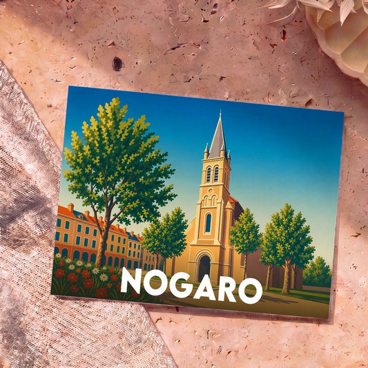 Carte postale souvenir de la ville de Nogaro illustrant son église et ses bâtiments dans un style graphique épuré.
