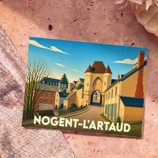 Carte postale souvenir de la ville de Nogent-l'Artaud avec une illustration stylisée de son architecture historique.