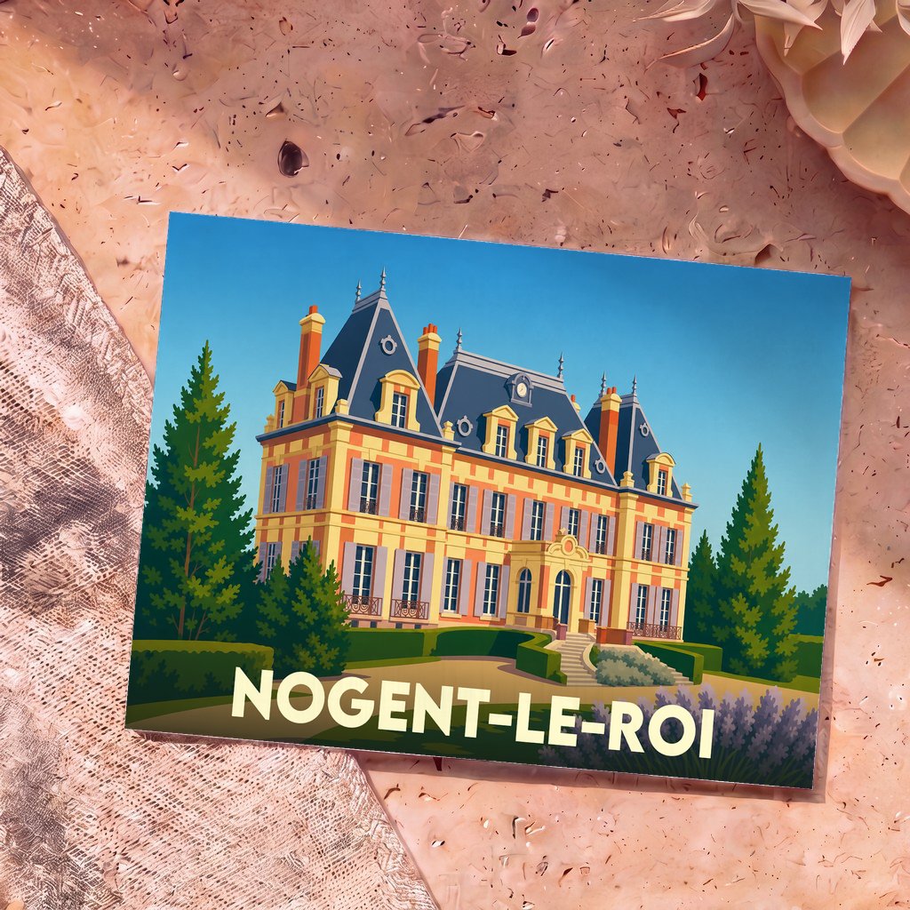 Carte postale souvenir de la ville de Nogent-le-Roi avec une illustration stylisée de son château.