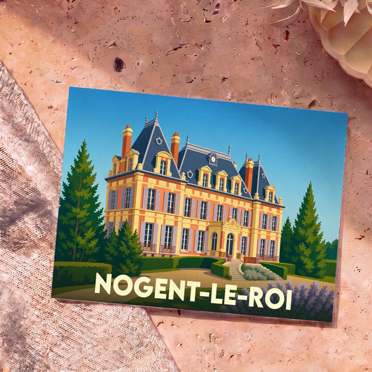 Carte postale souvenir de la ville de Nogent-le-Roi illustrant son château dans un style graphique et coloré.