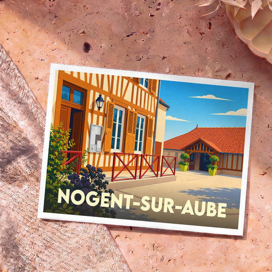 Carte postale souvenir de la ville de Nogent-sur-Aube avec une illustration stylisée d'un bâtiment à colombages.