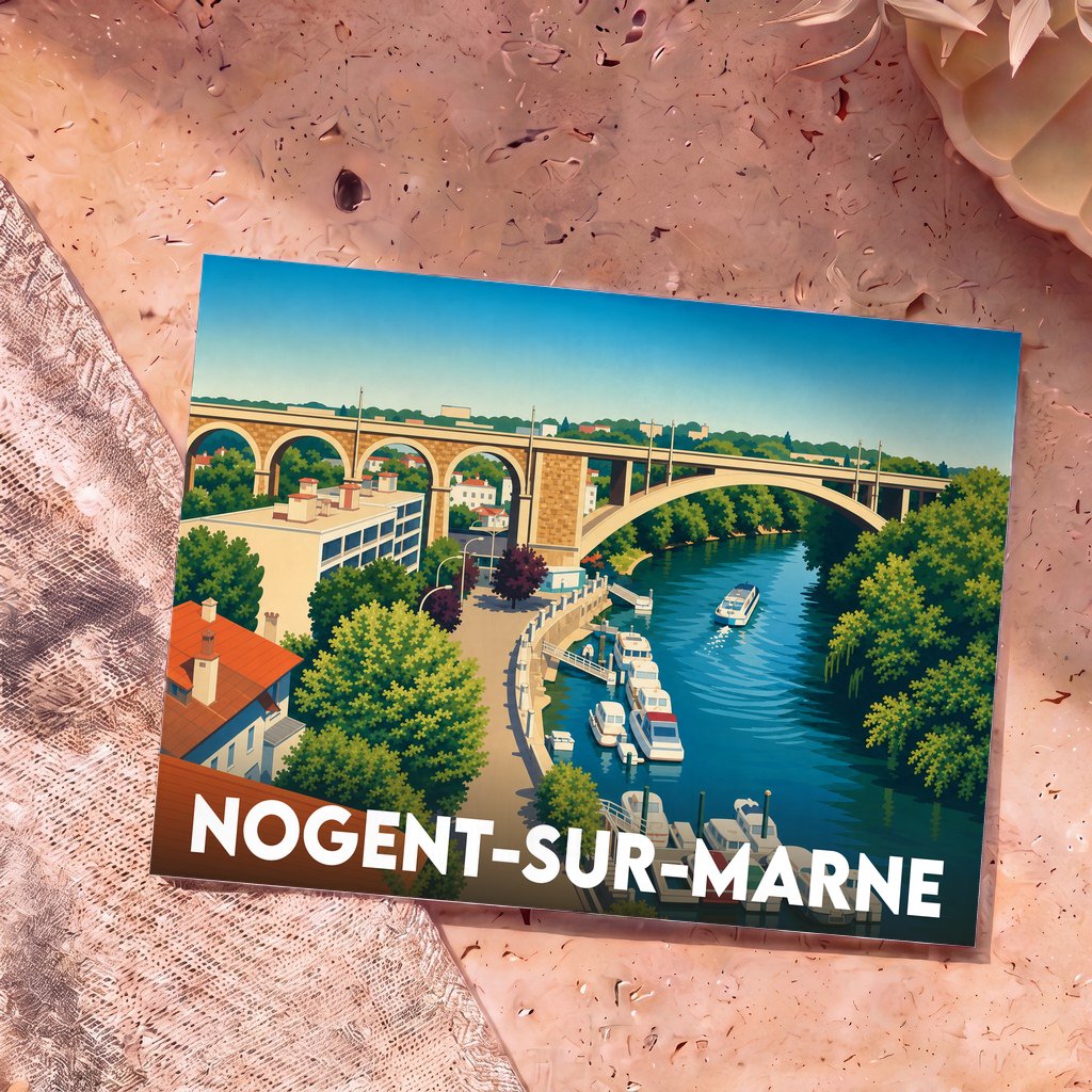 Carte postale souvenir de la ville de Nogent-sur-Marne illustrant son viaduc et les bords de la Marne.