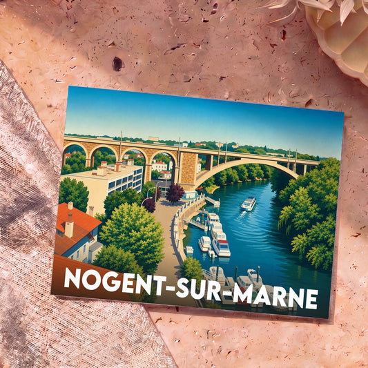 Carte postale souvenir de la ville de Nogent-sur-Marne illustrant son viaduc et les bords de la Marne.