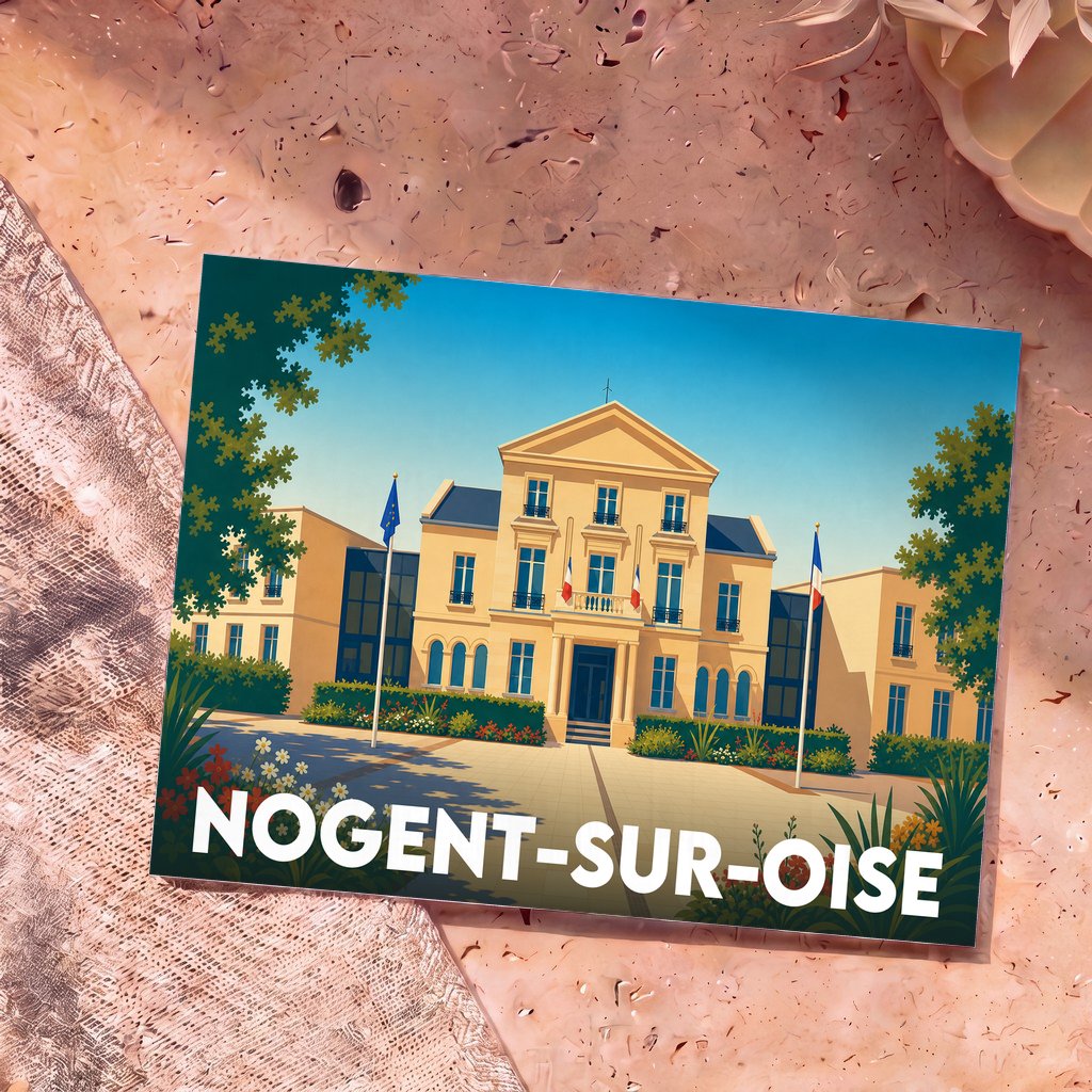 Carte postale souvenir de la ville de Nogent-sur-Oise avec une illustration stylisée de l'hôtel de ville.