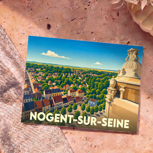 Carte postale souvenir de la ville de Nogent-sur-Seine avec une illustration stylisée vue du ciel.