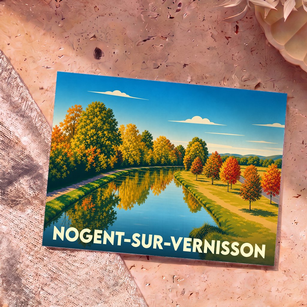 Carte postale souvenir de Nogent-sur-Vernisson illustrant un canal bordé d'arbres aux couleurs automnales.