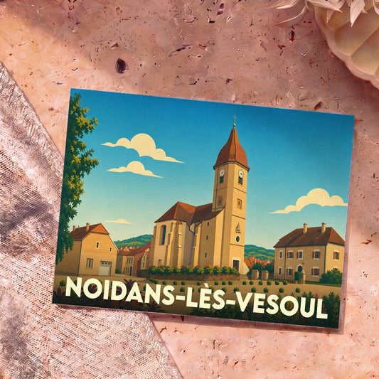 Carte postale souvenir de la ville de Noidans-lès-Vesoul avec une illustration stylisée de son église et de ses environs.