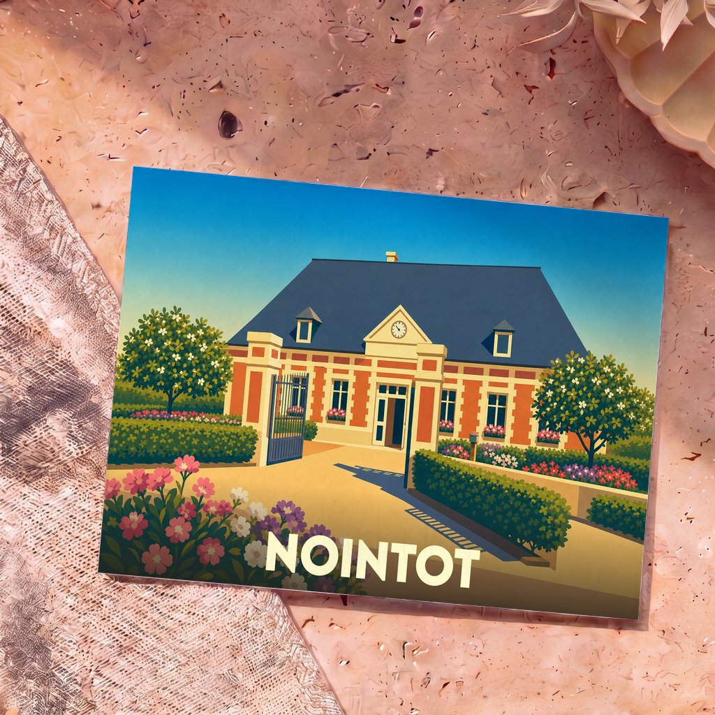Carte postale souvenir de la ville de Nointot avec une illustration stylisée de sa mairie.