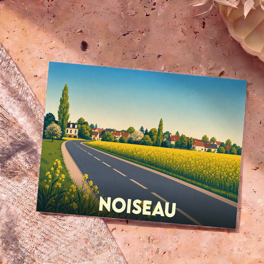 Carte postale souvenir de la ville de Noiseau avec une illustration stylisée d'un paysage de campagne ensoleillé.