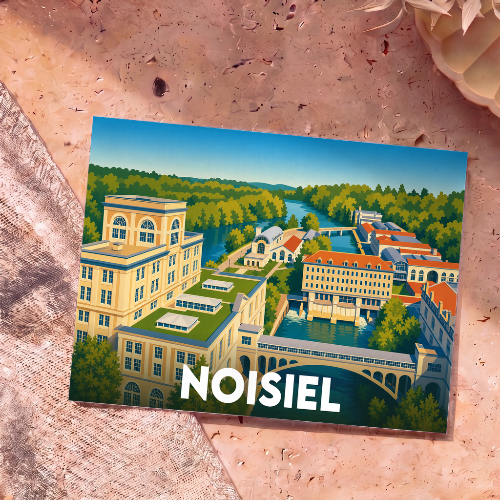 Carte postale souvenir de la ville de Noisiel illustrant les anciens moulins Menier et la rivière Marne dans un style graphique épuré.