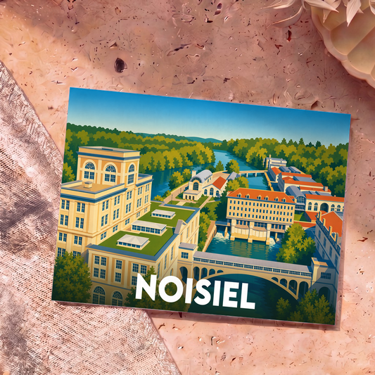 Carte postale souvenir de la ville de Noisiel illustrant les anciens moulins Menier et la rivière Marne dans un style graphique épuré.