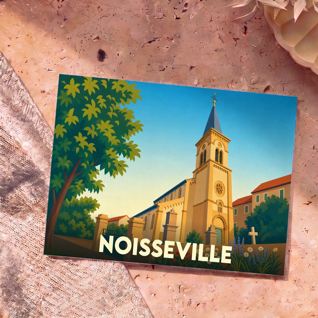 Carte postale souvenir de la ville de Noisseville avec une illustration stylisée de son église sous un ciel azur.