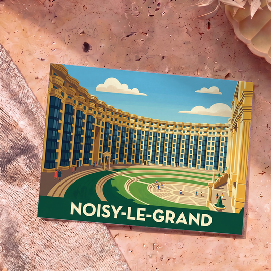 Carte postale souvenir de la ville de Noisy-le-Grand avec une illustration stylisée des Espaces d'Abraxas.