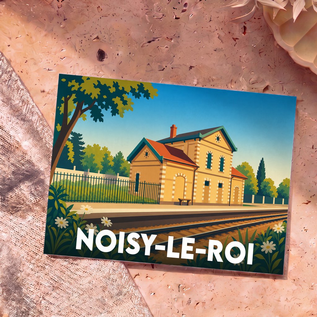Carte postale souvenir de la ville de Noisy-le-Roi avec une illustration stylisée de sa gare ferroviaire.