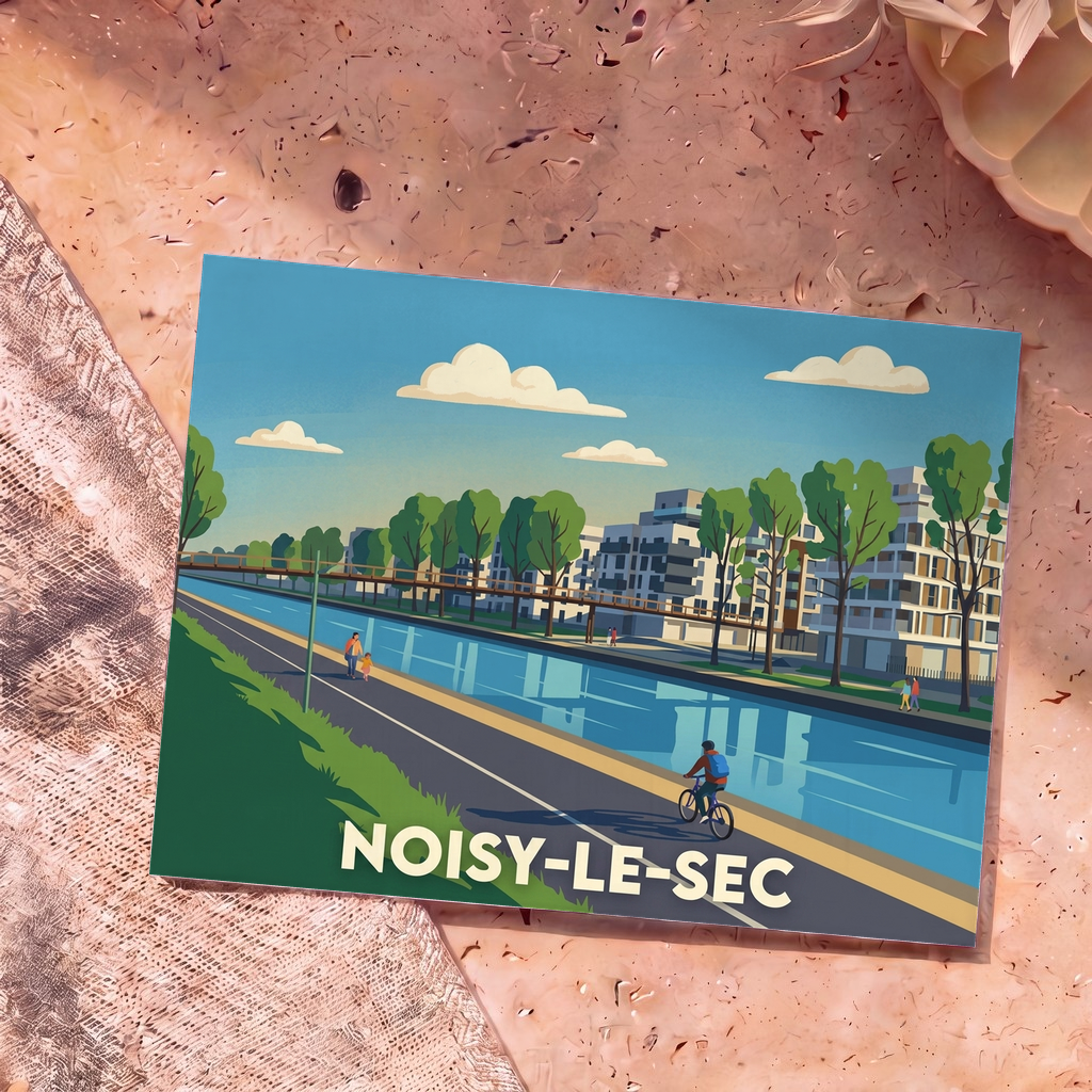 Carte postale souvenir de la ville de Noisy-le-Sec avec une illustration stylisée d'un canal et de cyclistes.