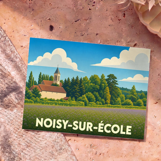Carte postale souvenir de Noisy-sur-École illustrant l'église et la campagne environnante dans un style graphique épuré.