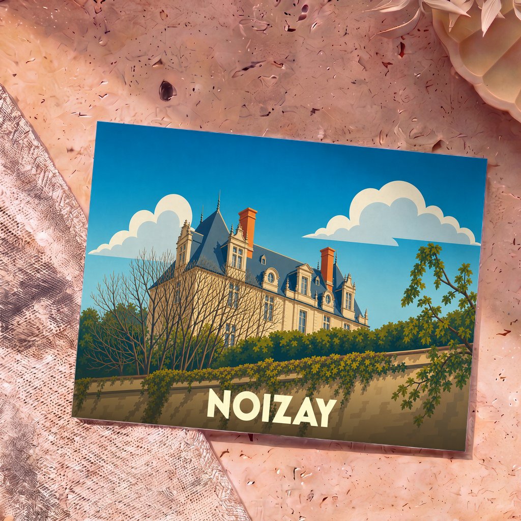 Carte postale souvenir de la ville de Noizay avec une illustration stylisée de son château.