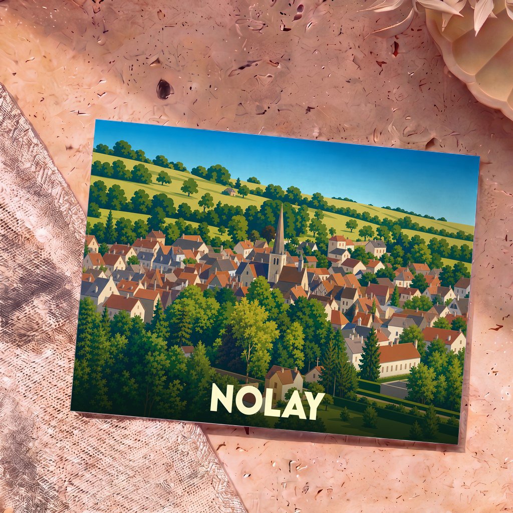 Carte postale souvenir de la ville de Nolay présentant une illustration stylisée et colorée du village niché dans la verdure.