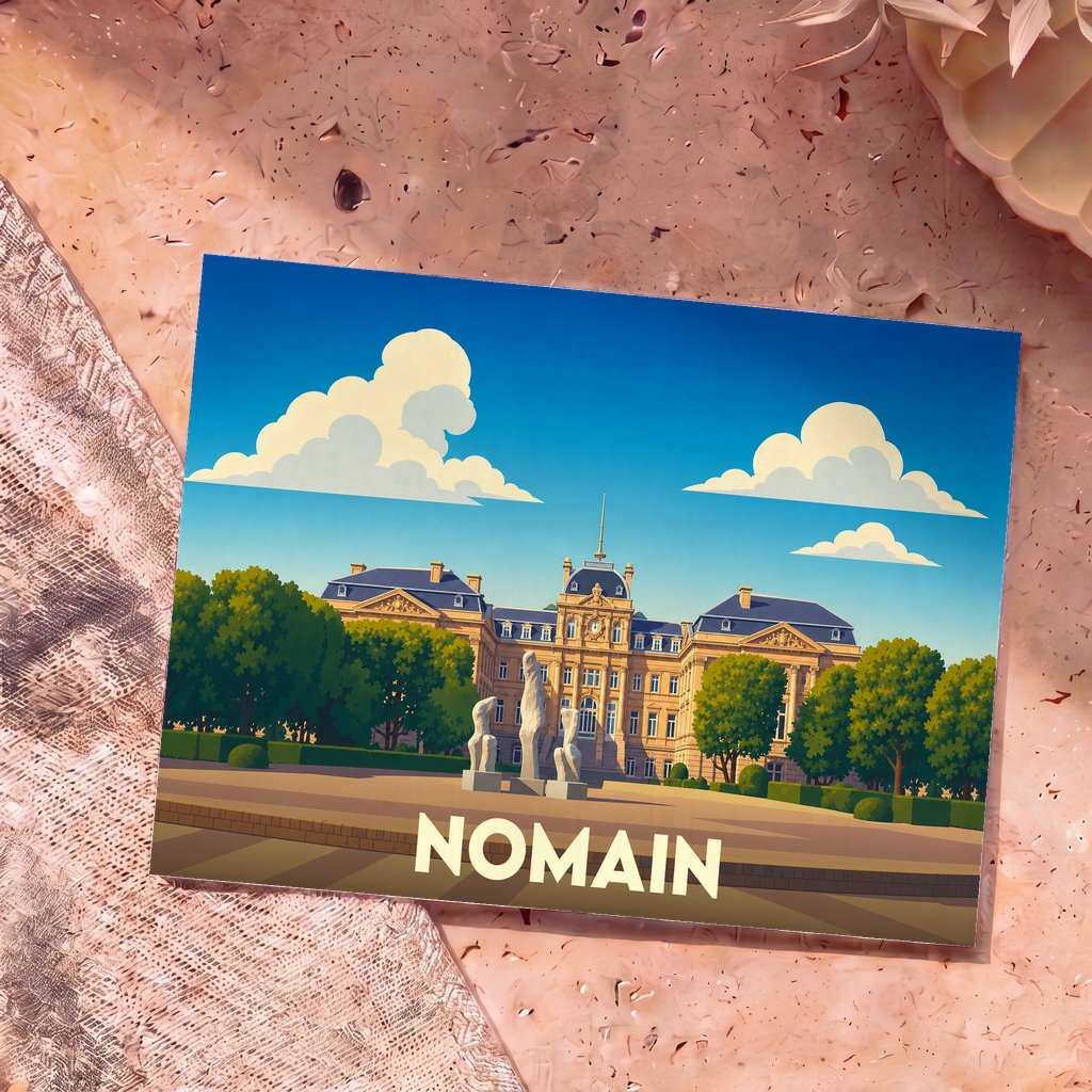 Carte postale souvenir de la ville de Nomain avec une illustration stylisée d'un palais et de son parc.