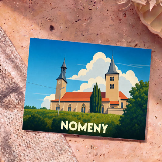 Carte postale souvenir de la ville de Nomeny avec une illustration stylisée de son église.