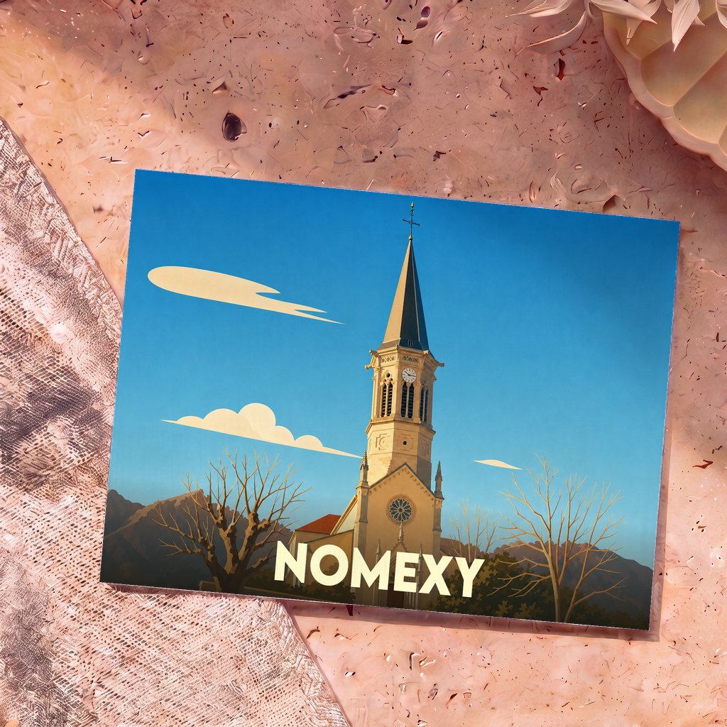 Carte postale souvenir de la ville de Nomexy avec une illustration stylisée de son église sous un ciel bleu.
