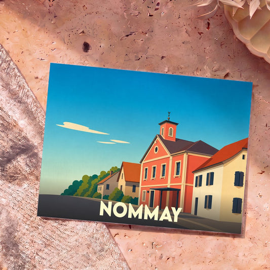 Carte postale souvenir de la ville de Nommay avec une illustration stylisée et colorée de ses bâtiments.