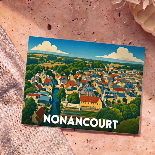 Carte postale souvenir de la ville de Nonancourt avec une illustration stylisée et colorée.