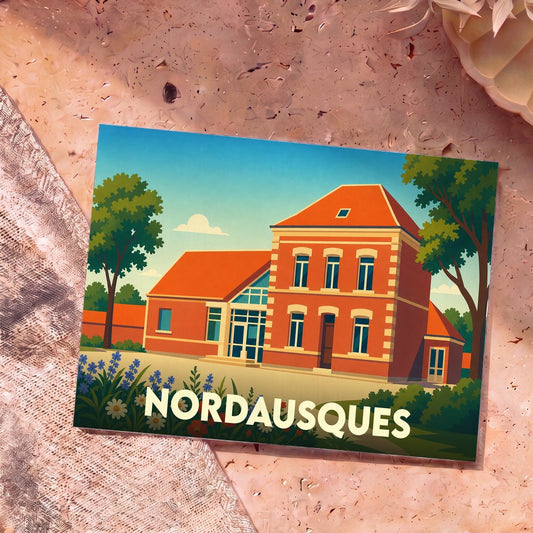 Carte postale souvenir de la ville de Nordausques avec une illustration stylisée d'un bâtiment en briques.