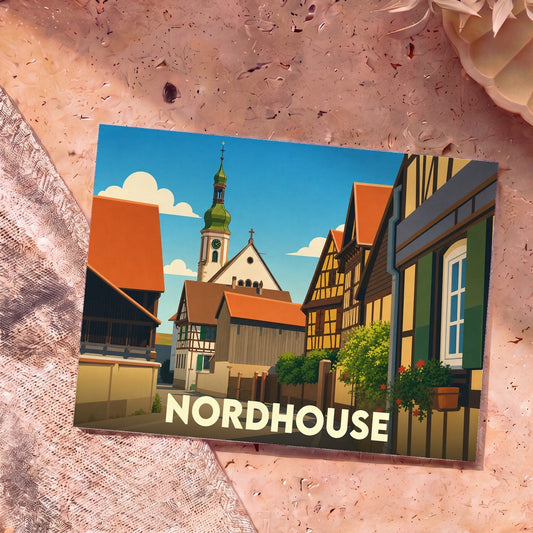 Carte postale souvenir de la ville de Nordhouse avec une illustration stylisée de ses maisons à colombages et de son église.
